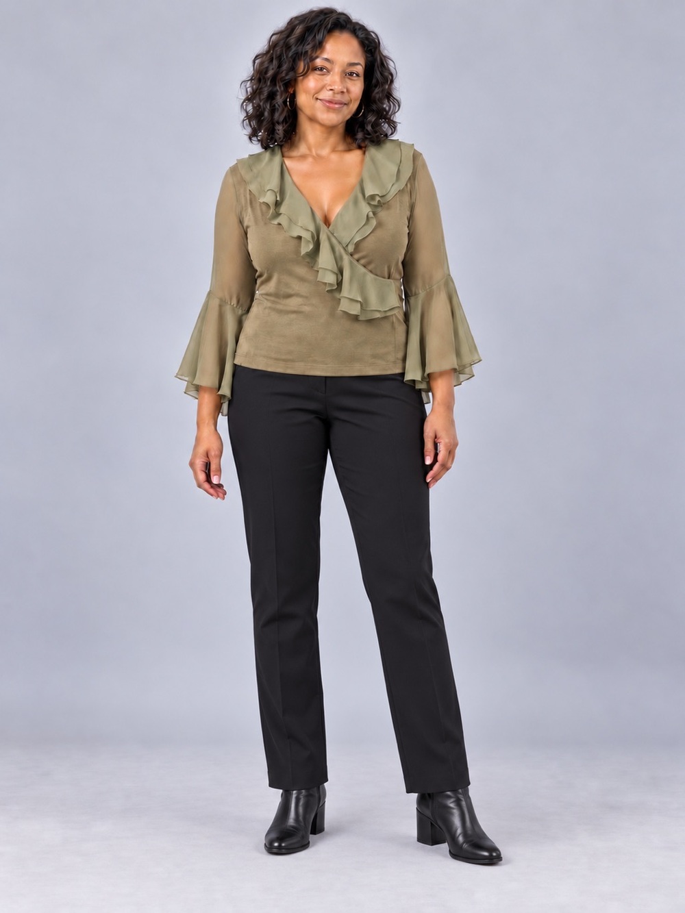 Soft Surroundings Olive Green Faux Wrap Top w/Sheer Ruffles